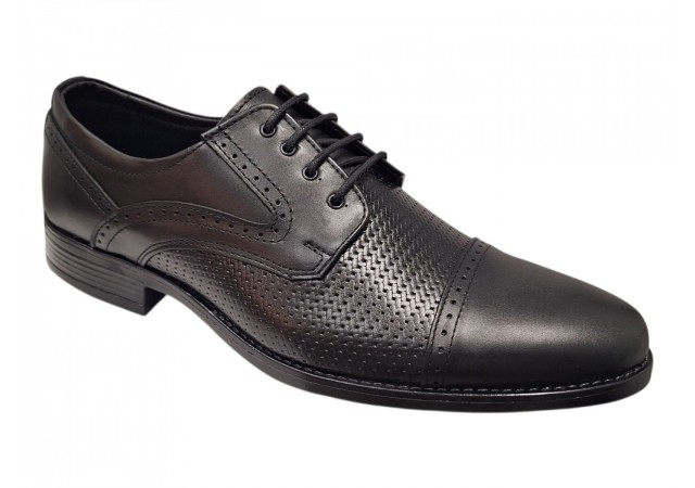 Pantofi barbati negri din piele naturala cu insertii texturate si siret GKR218N